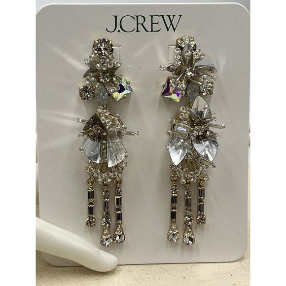 J. Crew White Crystal and Sequin Gold Tone Drop Dangle Earrings Shiny Bling New - Picture 12 of 13